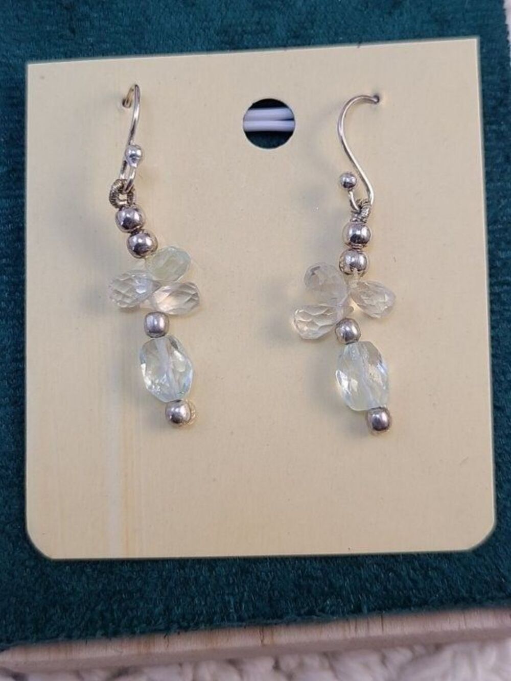 Crystal Beaded Drop Earrings Handmade Dangle Iridescent Silver Hook 1.75" NWOT